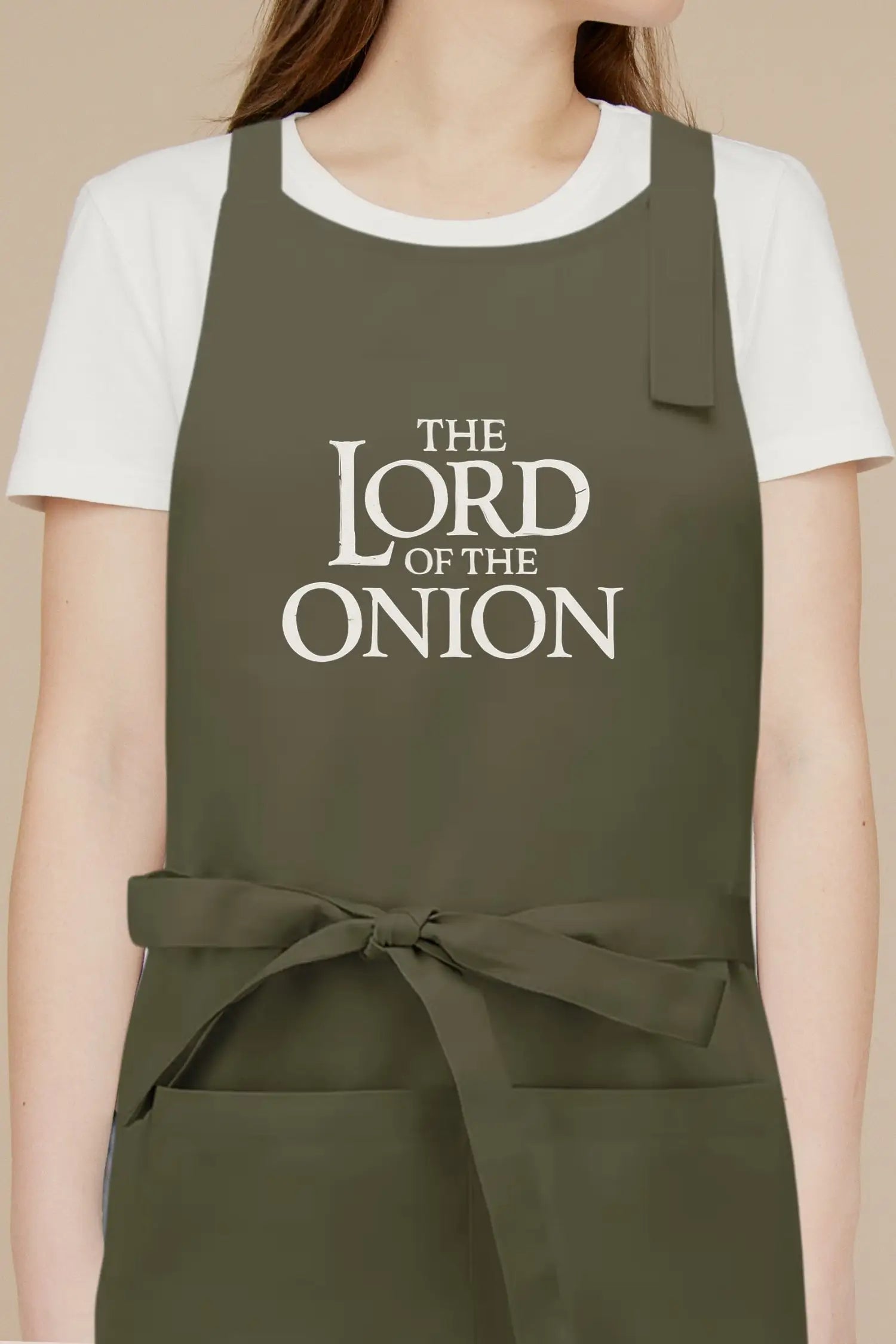 Tablier de cuisine personnalisé “The Lord Of The Onion’ imprimé - Vert Olive