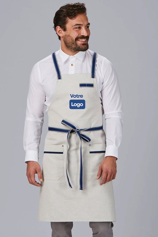 Tablier pro personnalisé à bavette PANAMA - Gris clair / bleu