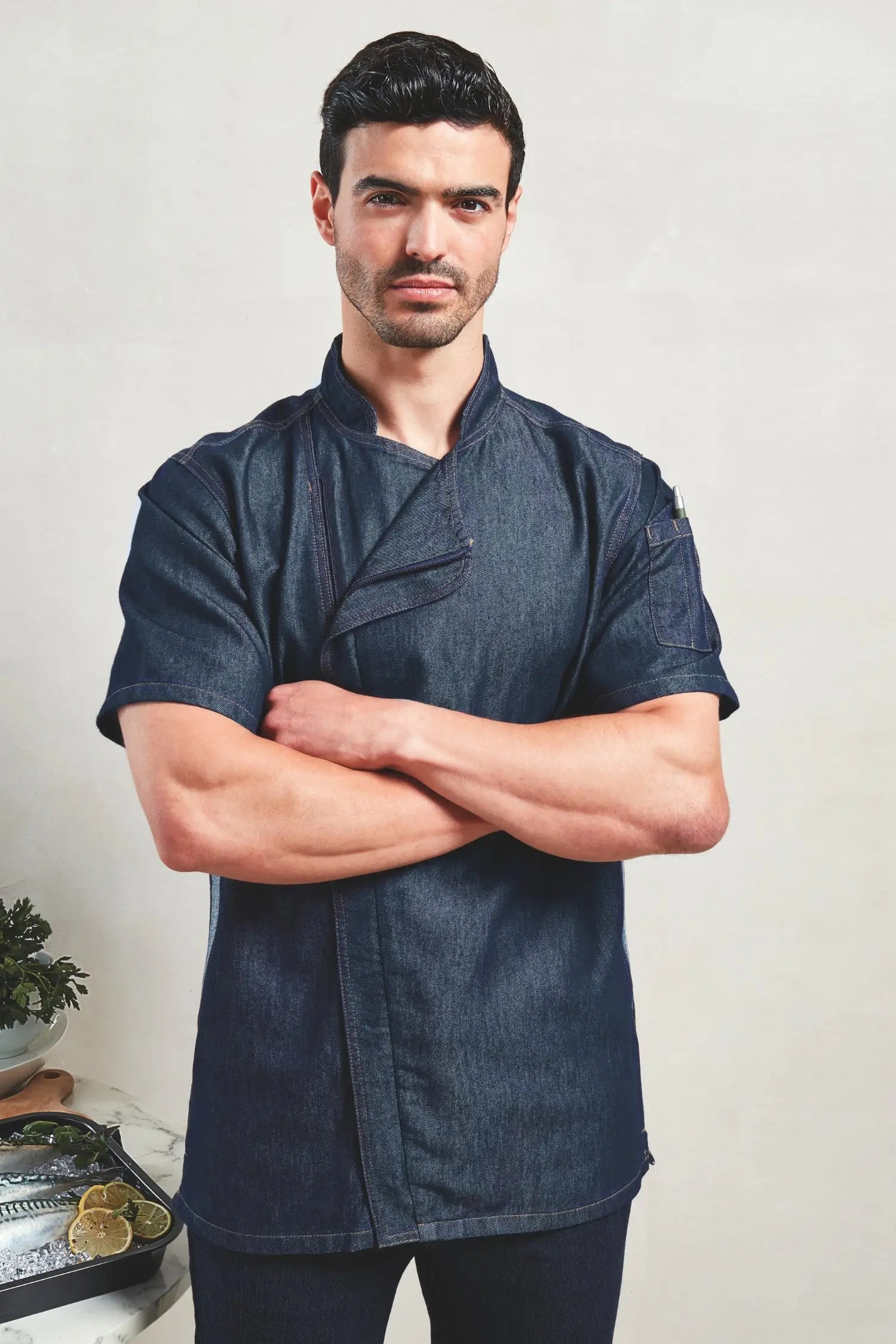 Veste de cuisinier à manches courtes et à fermeture zippée - XS / Bleu marine